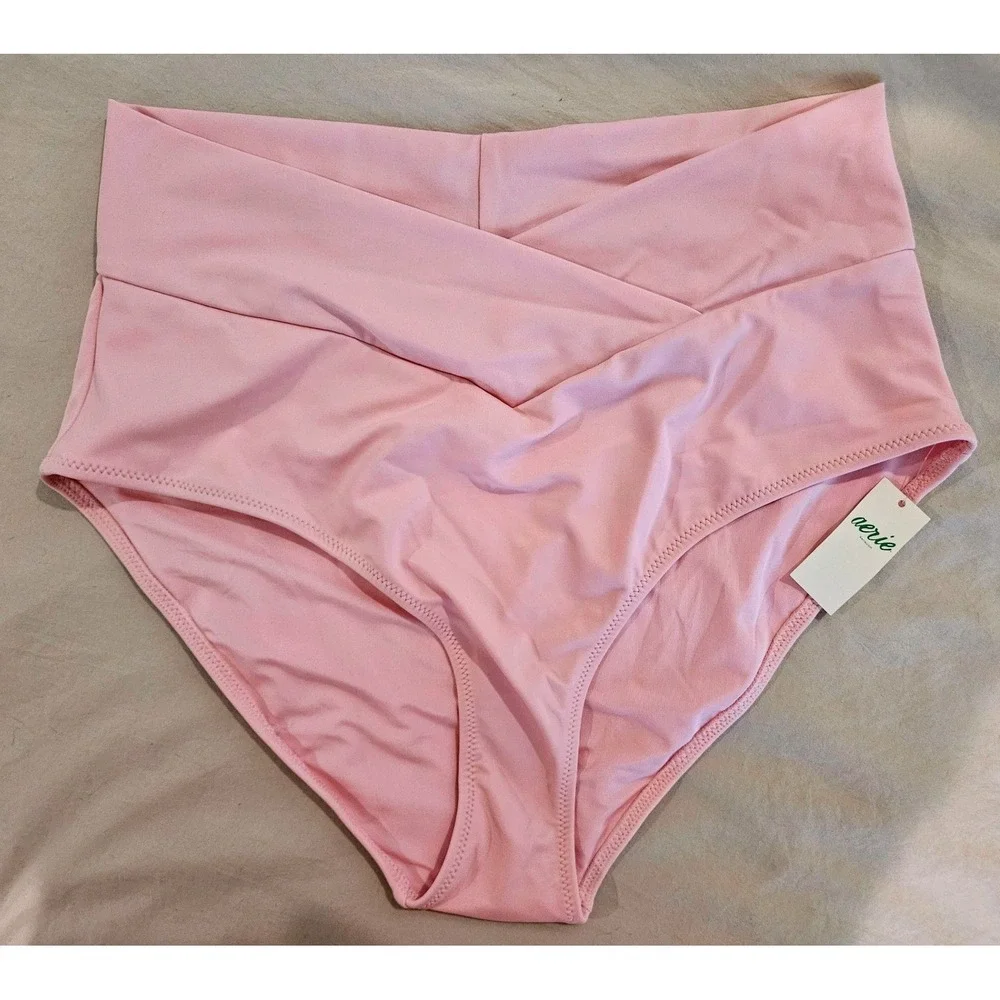 Aerie Real Good Pink High Waisted Crossover Bikini Bottoms UPF 50 Womens Size M